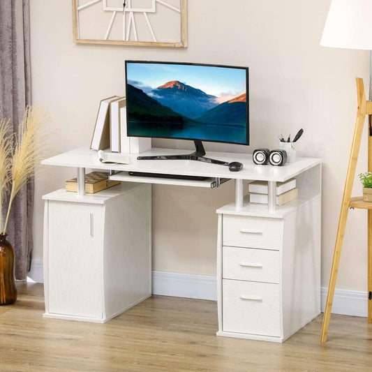 47-Inch Home Office Computer Desk with Storage Drawers and Keyboard Tray, White - Furniture4Design