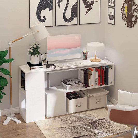55 L-Shaped Desk with Rotating Corner Design and 3-Tier Storage Shelves, White - Furniture4Design