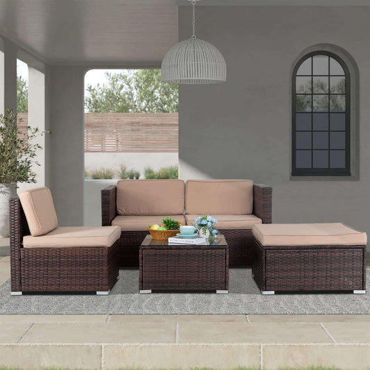 Khaki 5-Piece Outdoor Patio Furniture Set with Sectional Sofa and Coffee Table - Furniture4Design