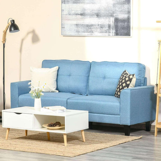 Mid-Century 3-Seater Blue Linen Sofa with Button-Tufted Back and Rubber Wood Legs - Furniture4Design