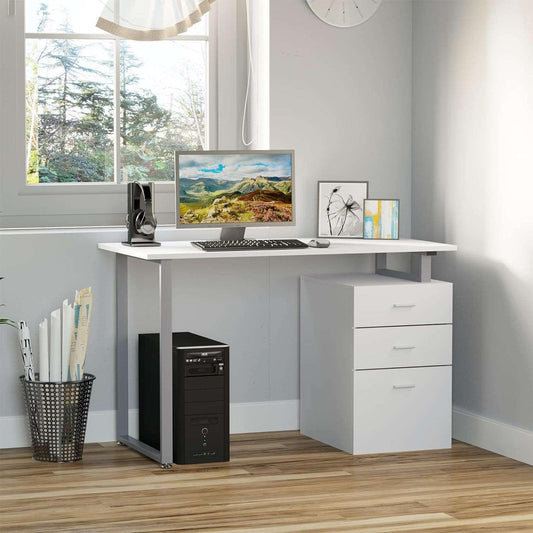 White 47 L Computer Desk with Reversible File Drawers and Metal Frame - Furniture4Design