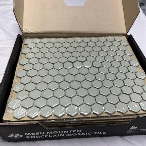 (10-Pk) Chelsea Glossy Mint Color Ceramic Mesh-Mount Mosaic Wall Tile Hex Shape - Furniture4Design