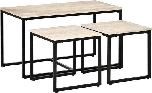 3-Piece Nesting Coffee Table Set with Black Metal Frame, Natural Finish for Living Room - Furniture4Design