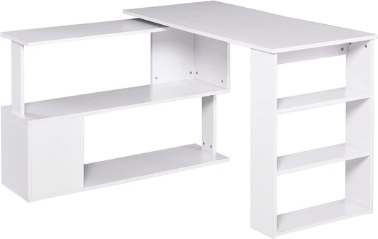 360° Rotating L Shaped Desk with Storage Shelf for Home Office, White - Furniture4Design