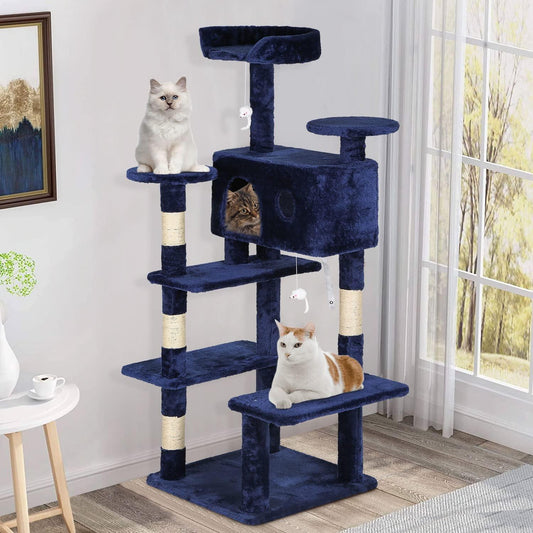 54in Navy Blue Cat Tree Tower with Scratching Post and Cozy Condo - Furniture4Design