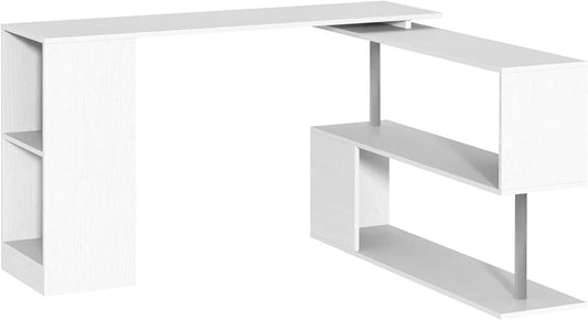 55 L-Shaped Desk with Rotating Corner Design and 3-Tier Storage Shelves, White - Furniture4Design