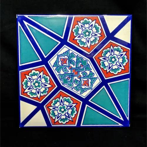 8 x 8 Inch Hand Painted Turkish Geometric & Floral Pattern Ceramic Tile #3 - Furniture4Design