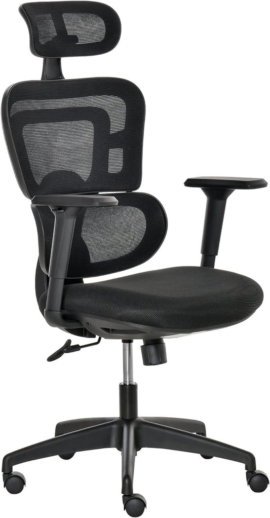 Adjustable High Back Mesh Office Chair with Lumbar Support and Headrest, Black - Furniture4Design