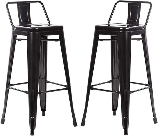 Black Metal Bar Stool Set of 2 with Adjustable Height and Low Backrest - Furniture4Design