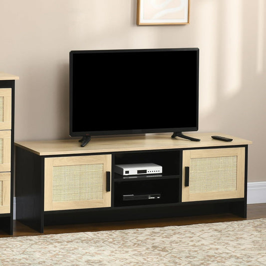 Boho TV Stand for TVs up to 60 inches with Rattan Door Cabinets and 2 Cable Managements, Natural Entertainment Center - Furniture4Design
