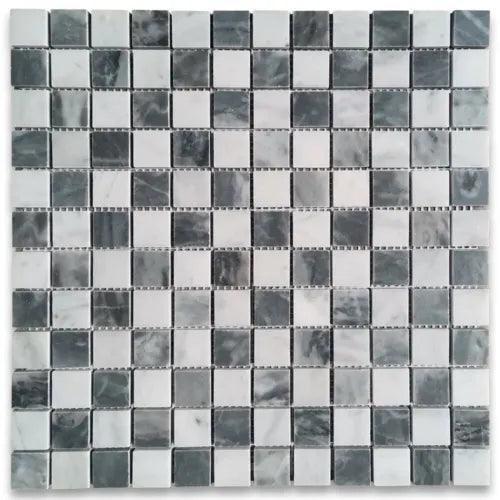 C247XP Carrara White Bardiglio Gray Marble Checkerboard Mosaic Tile Polished - Furniture4Design