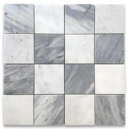 C277XP Carrara White Bardiglio Gray 3" Marble Checkerboard Mosaic Tile Polish - Furniture4Design