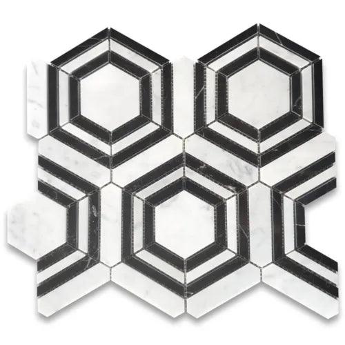 C33AXP Carrara White Marble Hexagon Georama Geometric Strip Tile Polished - Furniture4Design