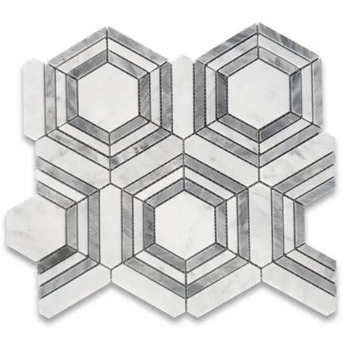 C33GXP Carrara White Bardiglio Marble Hexagon Georama Geometric Tile Polished - Furniture4Design