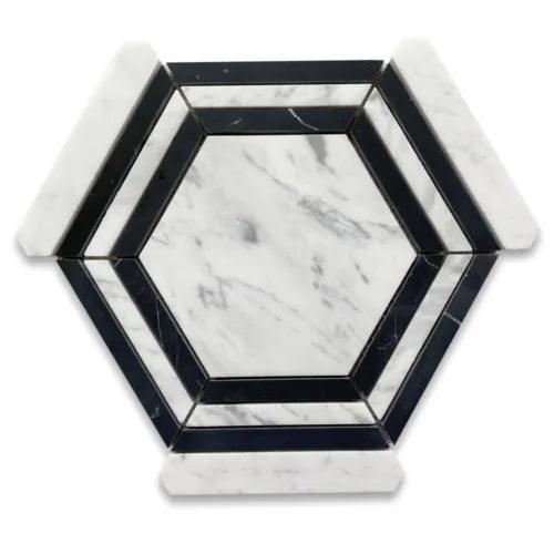 C35AXH Carrara White Marble Hexagon Nero Strip Geometric Mosaic Tile Honed - Furniture4Design