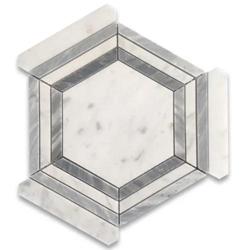 C35GXH Carrara White Marble 5 Hexagon Georama Geometric Gray Strip Frame Tile - Furniture4Design