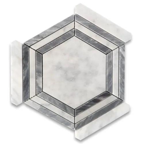 C35GXP Carrara White Bardiglio Marble 5" Hexagon Strip Georama Geometric Tile - Furniture4Design