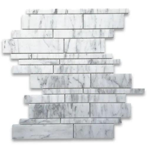 C78XH Carrara White Marble Random Strip Modern Brick Mosaic Tile Honed - Furniture4Design