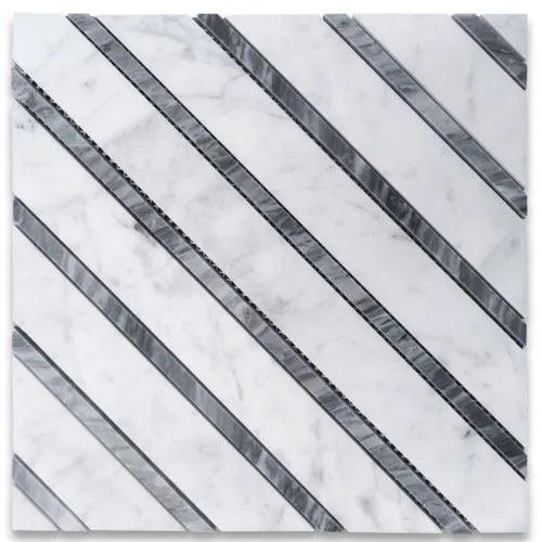 C7H7H Carrara White Marble Geometric Polystrip Mosa Tile w/ Bardiglio Gray Honed - Furniture4Design