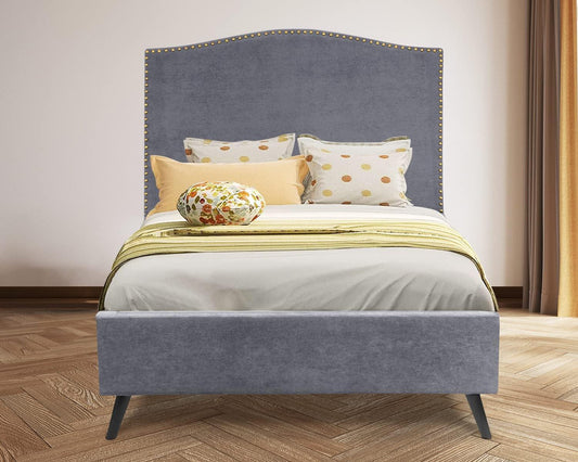 Classic Gray Queen Size Upholstered Bed Frame with Wood Slat Support - Furniture4Design