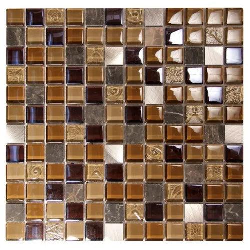 Coeus Majestic Modern Brown Mosaic Glass, Marble & Metal Fireplace Wall Tile - Furniture4Design