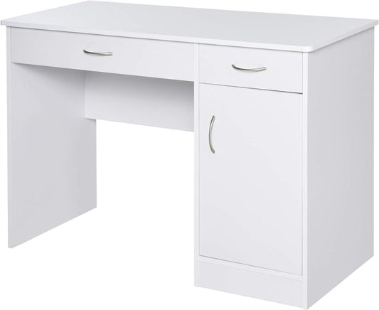 Compact White Computer Desk with Storage Drawers and Adjustable Shelf - Furniture4Design