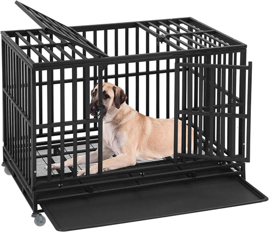 Durable Double-Door Heavy Duty Dog Crate for Large Dogs with Lockable Wheels - Furniture4Design