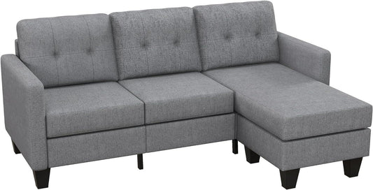 Elegant Light Grey L-Shaped Corner Sofa with Switchable Ottoman and Thick Padded Cushion - Furniture4Design