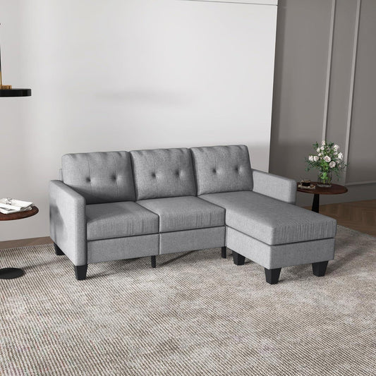 Elegant Light Grey L-Shaped Corner Sofa with Switchable Ottoman and Thick Padded Cushion - Furniture4Design