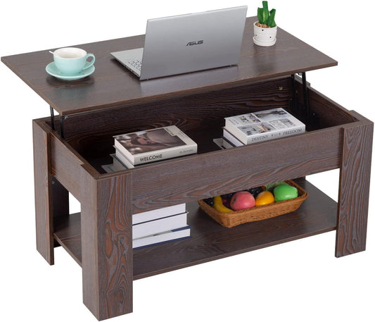 Elevating Wooden Coffee Table with Concealed Compartment and Storage Shelf - Furniture4Design