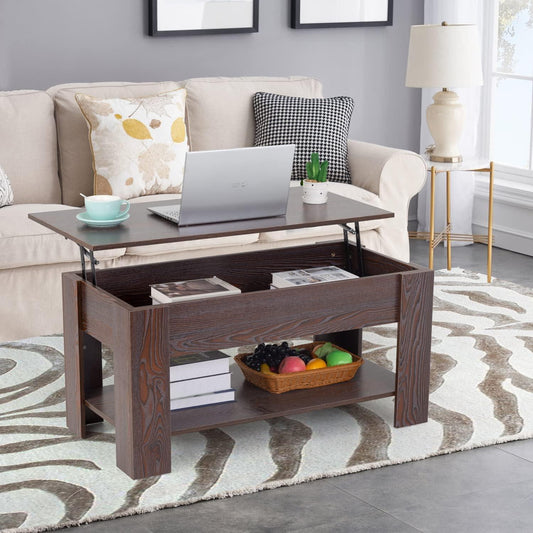 Elevating Wooden Coffee Table with Concealed Compartment and Storage Shelf - Furniture4Design