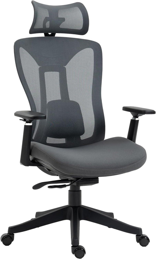 Ergonomic High Back Mesh Office Chair with Adjustable Headrest and Lumbar Support, Grey - Furniture4Design