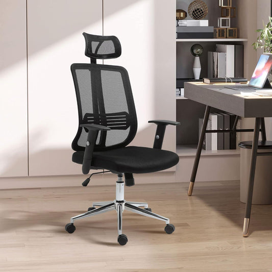 Ergonomic High Back Mesh Office Chair with Adjustable Headrest, Lumbar Support, and Swivel Wheels - Black - Furniture4Design