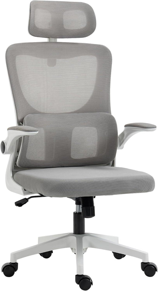 Ergonomic High Back Office Chair with Adjustable Headrest, Lumbar Support, and Height - Grey Mesh Computer Desk Chair - Furniture4Design