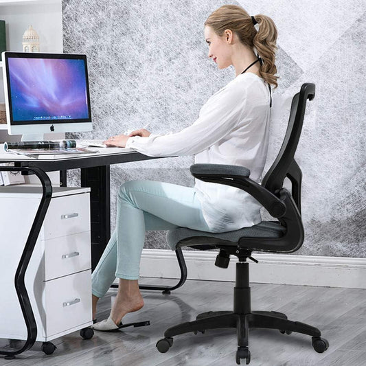 Ergonomic Mesh Office Chair with Lumbar Support and Flip Up Arms for Back Pain, Grey - Furniture4Design