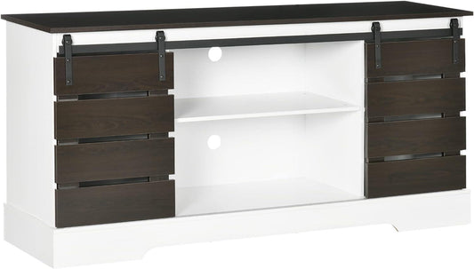 Farmhouse Sliding Door TV Stand for TVs up to 55 Inches, Brown and White - Furniture4Design