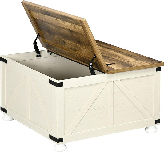 Farmhouse Square Coffee Table with Hidden Storage, Antique White - Furniture4Design