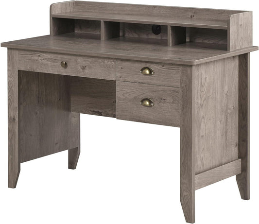 Grey Home Office Computer Desk with Storage Hutch, Drawers, and Cable Management - Furniture4Design