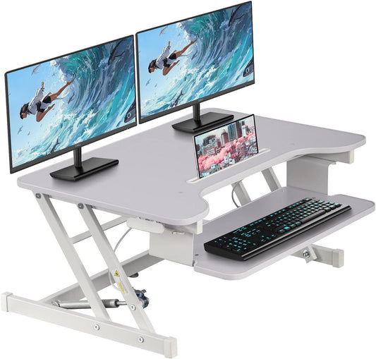 Height Adjustable Standing Desk Riser with Dual Monitor and Keyboard Stand (White, 36 Inch) - Furniture4Design