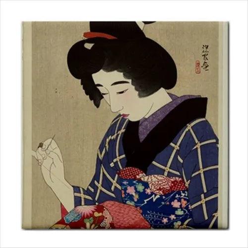 Japanese Woman Sewing Kimono Home Decor Wall Art Backsplash Ceramic Tile - Furniture4Design