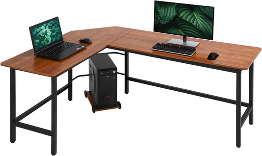 L Shaped Computer Gaming Office Desk with Ample Work Space (Brown) - Furniture4Design
