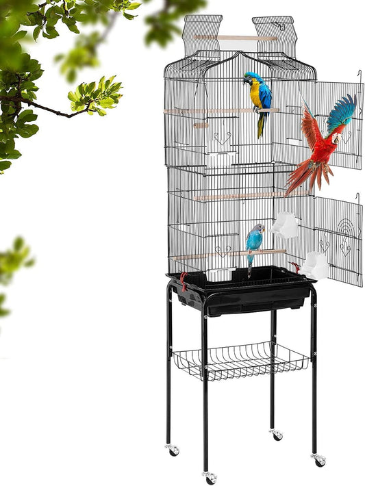 Large Parakeet Bird Cage with Rolling Stand and Accessories for Medium and Small Parrots - Black - Furniture4Design