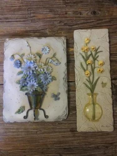 Lot of 2 3D Chalkware Tiles Floral Wall Hanging Decor Flowers Vase Blue Yellow - Furniture4Design