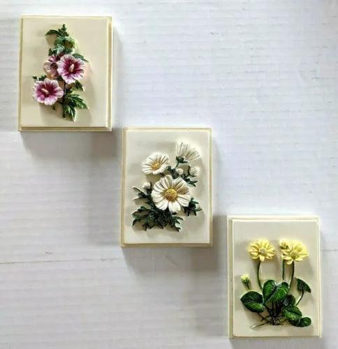 Lot Of 3 Small Decorative 3D Floral Wall Plug Tiles Resin (?) Cream Painted 2"*3 - Furniture4Design