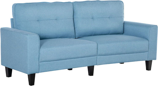 Mid-Century 3-Seater Blue Linen Sofa with Button-Tufted Back and Rubber Wood Legs - Furniture4Design