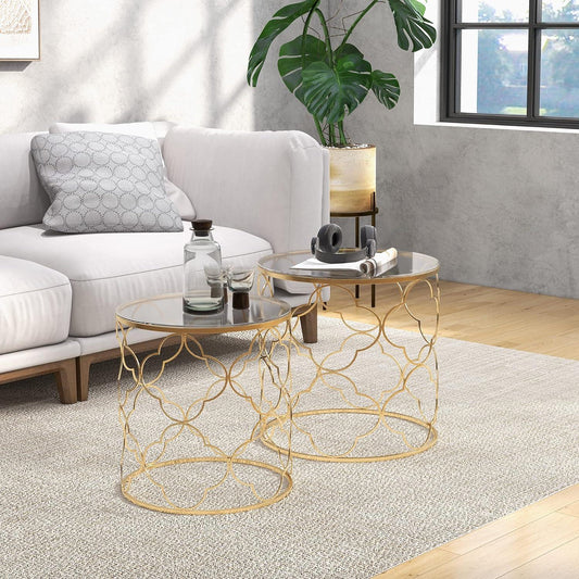 Modern Gold Nesting Coffee Table Set with Glass Top - Set of 2 - Furniture4Design