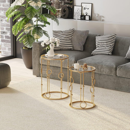 Modern Gold Nesting Coffee Tables Set of 2 with Tempered Glass Top - Furniture4Design