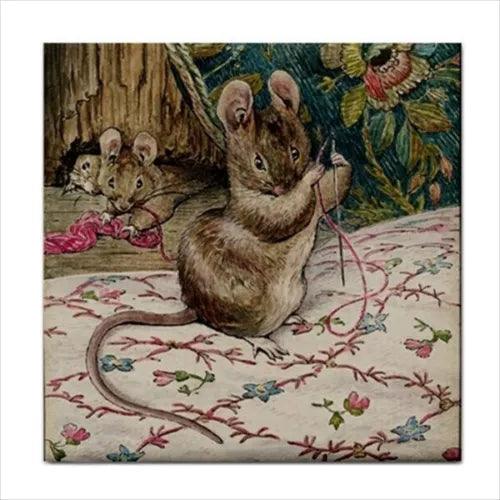 Mouse Sewing Beatrix Potter Art Backsplash Decorative Border Ceramic Craft Tile - Furniture4Design