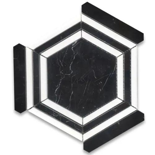 N35EXP Nero Marquina Thassos Marble Hexagon Georama Geometric Tile Polished - Furniture4Design