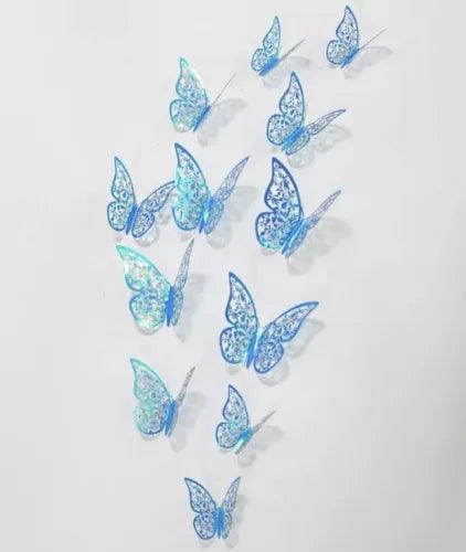 NEW 12 Pc Holographic Blue 3D Butterfly Hollow Floral Wings Posable Wall Decor - Furniture4Design